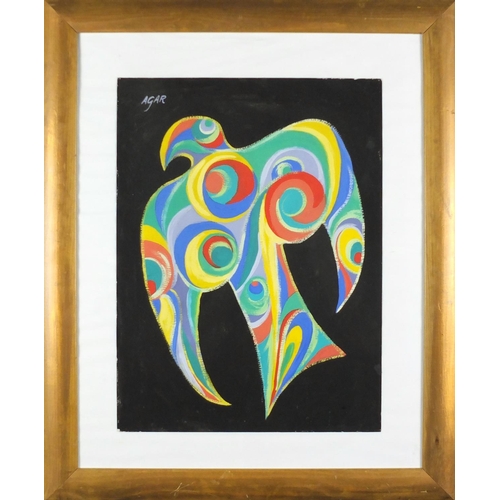 2240 - Abstract composition, stylised bird, gouache on card, bearing a signature Agar, mounted and framed, ... 