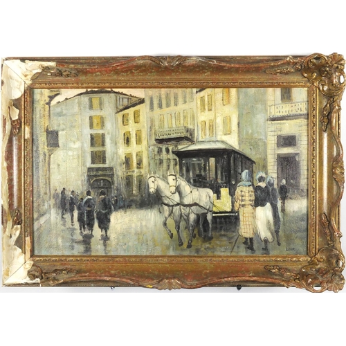 2206 - Busy street scene with a horse drawn carriage, oil on board, bearing a signature Loir and inscribed ... 