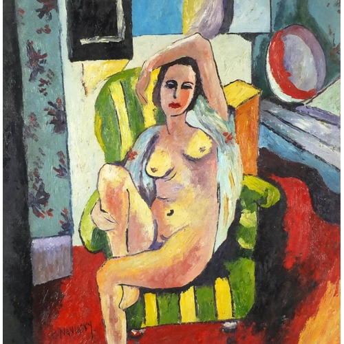 2334 - Nude female in an interior, Modern British oil on board, bearing a signature P Maviasky, mounted and... 