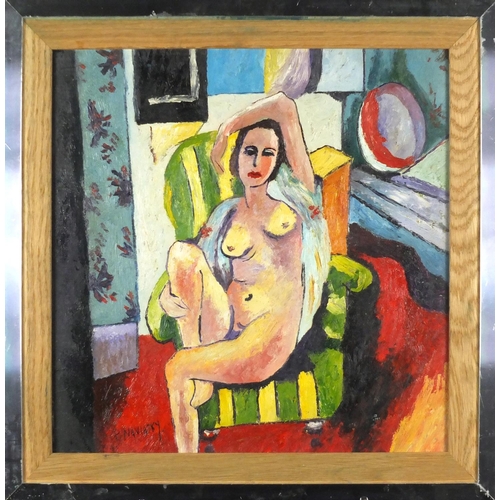 2334 - Nude female in an interior, Modern British oil on board, bearing a signature P Maviasky, mounted and... 