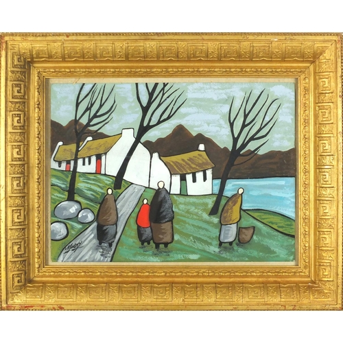 2210 - Figures before buildings, pair of gouaches on card, bearing a signature possibly Markey, each framed... 