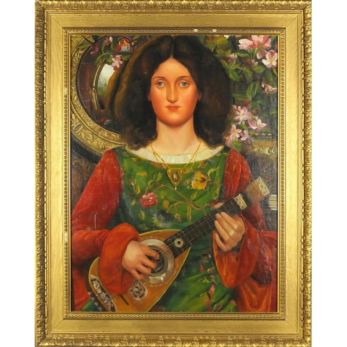 2158 - After Edward Bernard Jones - Portrait of a female holding a musical instrument, Pre-Raphaelite style... 