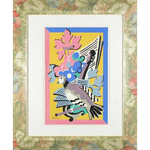 2113 - Abstract composition, bird study, watercolour and gouache, bearing a signature Severini, framed, 41c... 