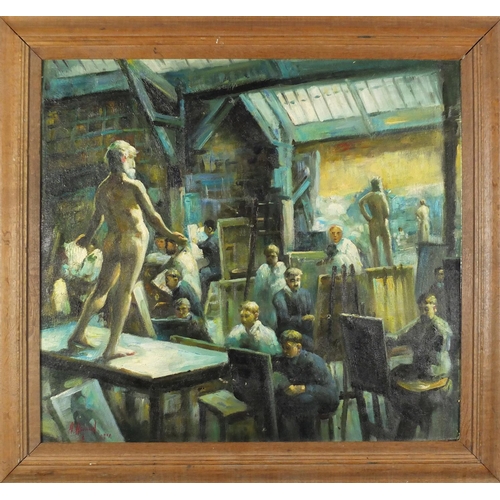 2294 - Artists studio, oil on board, bearing a signature A Haywood, mounted and framed, 56cm x 51cm