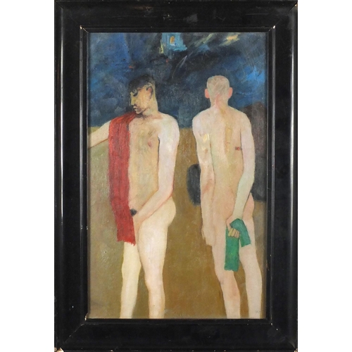 2290 - Two nude figures, oil on board, bearing a signature K V, framed, 43.5cm x 27cm