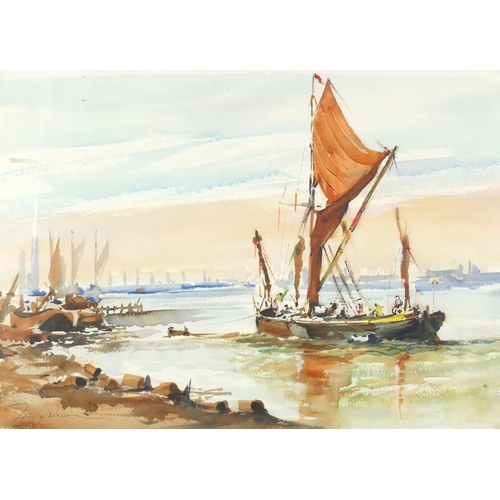 2335 - Mooring of a boat, watercolour, bearing a signature Wesson, framed, 52cm x 38cm