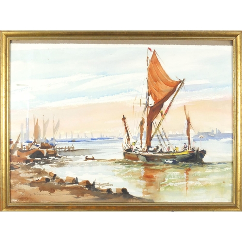 2335 - Mooring of a boat, watercolour, bearing a signature Wesson, framed, 52cm x 38cm