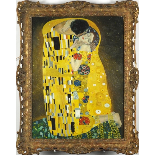 2109 - After Gustav Klimt - The Kiss, oil on board, framed, 55cm x 42cm