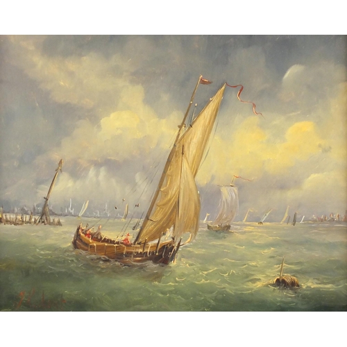 2343 - Jan Redert - Ships on choppy seas, oil on board, inscribed verso, framed, 23.5cm x 18.5cm