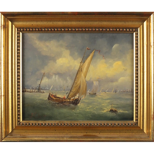 2343 - Jan Redert - Ships on choppy seas, oil on board, inscribed verso, framed, 23.5cm x 18.5cm