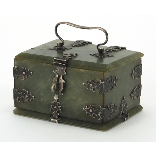 742 - 19th century Indian Mughal green jade casket, with silver mounts and swing handle, 5cm H x 9cm W x 6... 