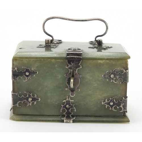 742 - 19th century Indian Mughal green jade casket, with silver mounts and swing handle, 5cm H x 9cm W x 6... 