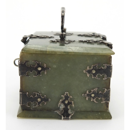 742 - 19th century Indian Mughal green jade casket, with silver mounts and swing handle, 5cm H x 9cm W x 6... 