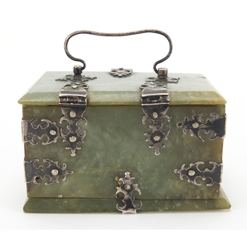 742 - 19th century Indian Mughal green jade casket, with silver mounts and swing handle, 5cm H x 9cm W x 6... 