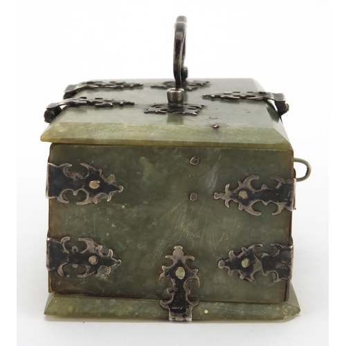 742 - 19th century Indian Mughal green jade casket, with silver mounts and swing handle, 5cm H x 9cm W x 6... 