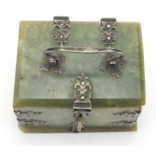 742 - 19th century Indian Mughal green jade casket, with silver mounts and swing handle, 5cm H x 9cm W x 6... 