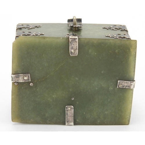 742 - 19th century Indian Mughal green jade casket, with silver mounts and swing handle, 5cm H x 9cm W x 6... 