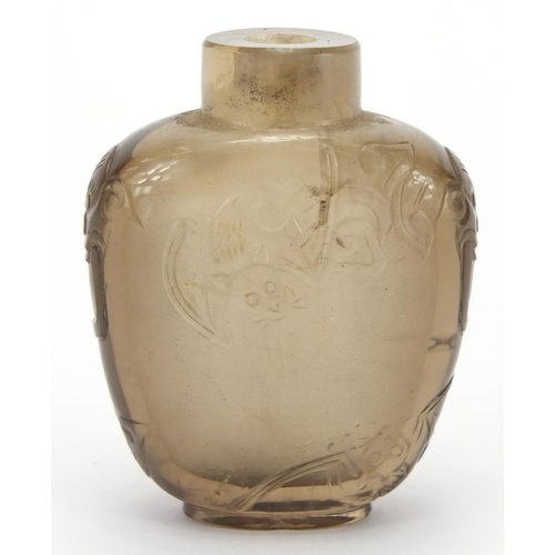 684 - Chinese rock crystal snuff bottle carved with animalia handles and three bats, 5.5cm high