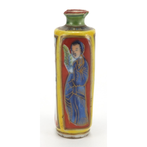 690 - Chinese porcelain yellow ground snuff bottle, the square body hand painted and gilded with panels of... 