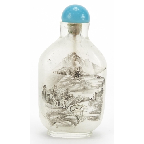 685 - Chinese glass snuff bottle with stopper, internally hand painted with bird of Paradise and a river l... 