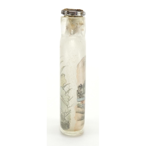 686 - Chinese glass snuff bottle with stopper, internally hand painted with a cricket and a river landscap... 