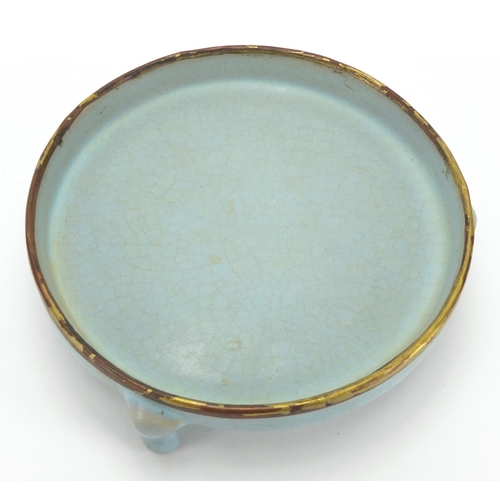 627 - Chinese porcelain blue glazed tripod censer with partially gilt copper rim, 4.5cm high x 14cm in dia... 