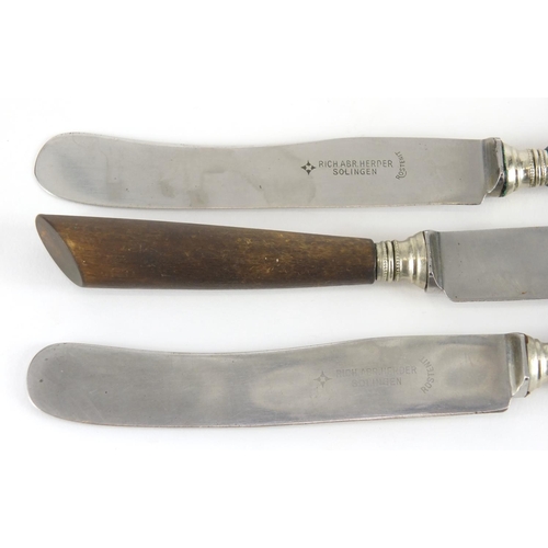 58 - Three German rhinoceros horn handled knives by Ricb Abr Herder, with steel blades, each 24.5cm in le... 