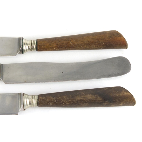 58 - Three German rhinoceros horn handled knives by Ricb Abr Herder, with steel blades, each 24.5cm in le... 