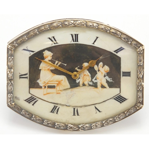 1279 - Art Deco silver plated strut clock, having an ivory dial hand painted with putti and a female, 8.5cm... 