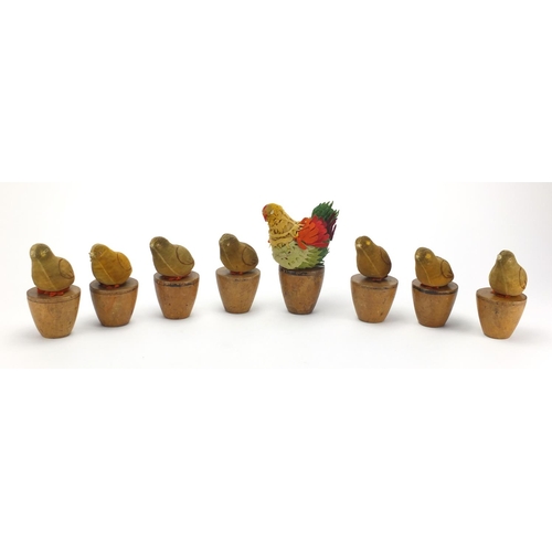 492 - 19th century felt chicken and chick skittles on wooden plinths, possibly by Steiff, the largest 17cm... 