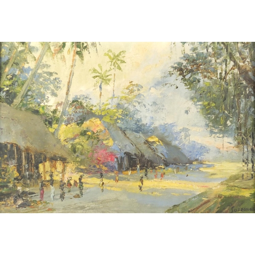 1311 - Sofronoff - Asian village scene, Russian school oil on wood panel, framed, 39.5cm x 27cm