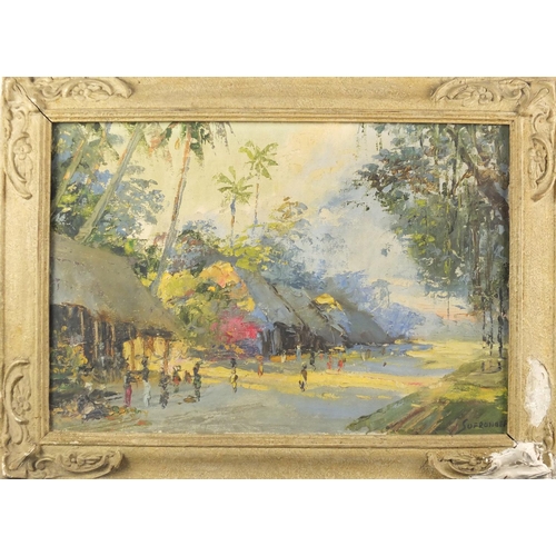 1311 - Sofronoff - Asian village scene, Russian school oil on wood panel, framed, 39.5cm x 27cm