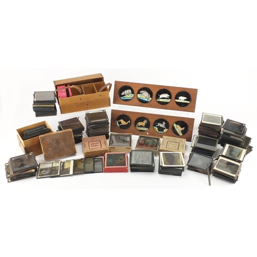 346 - Collection of Victorian glass magic lantern slides, mostly coloured including trains, nursery rhymes... 