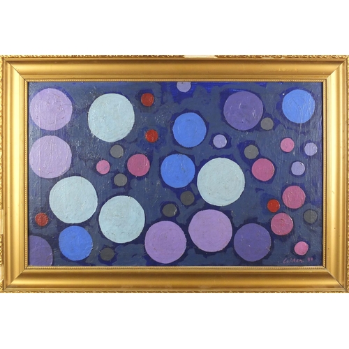 1459 - Abstract composition, colourful circles, oil, on canvas, bearing a signature probably Calden, framed... 