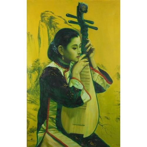 1330 - Portrait of an Oriental female playing a musical instrument, oil on canvas, bearing character marks,... 
