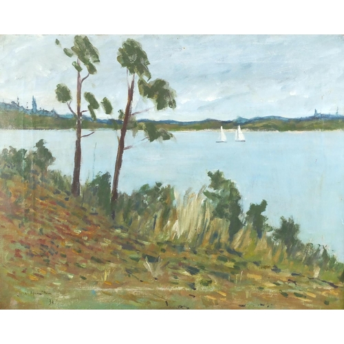 1484 - River scene with boats, oil on canvas, bearing a signature Hamilton, framed, 50cm x 40cm