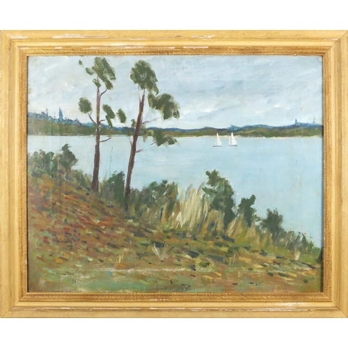 1484 - River scene with boats, oil on canvas, bearing a signature Hamilton, framed, 50cm x 40cm