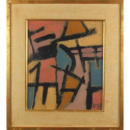 1298 - Abstract composition, oil on canvas, bearing a signature Durrant and inscriptions verso, mounted and... 