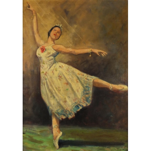 1318 - Manner of Laura Knight - Portrait of a ballerina, oil on board, mounted and framed, 64cm x 45cm