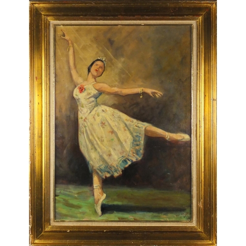 1318 - Manner of Laura Knight - Portrait of a ballerina, oil on board, mounted and framed, 64cm x 45cm