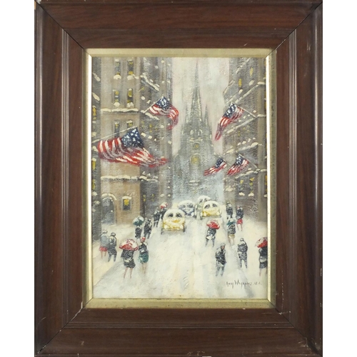 1329 - After Guy Wiggins - American winter street scene, oil on board, mounted and framed, 37cm x 26.5cm