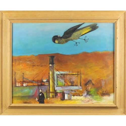 1485 - Surreal bird show, Australian school oil on board, inscribed verso, framed, 49cm x 39cm