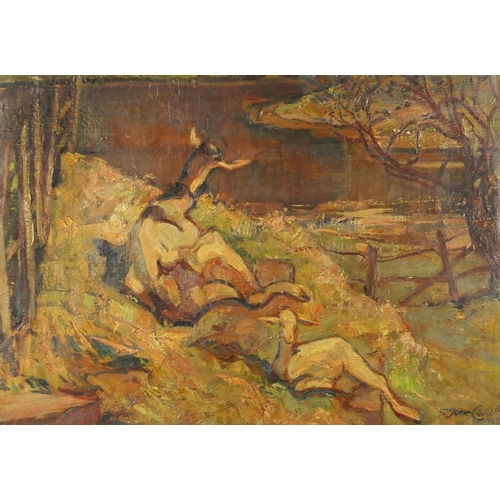 1312 - Florence St John Cadell - Two goats in a landscape, oil on canvas, framed, 68cm x 48cm