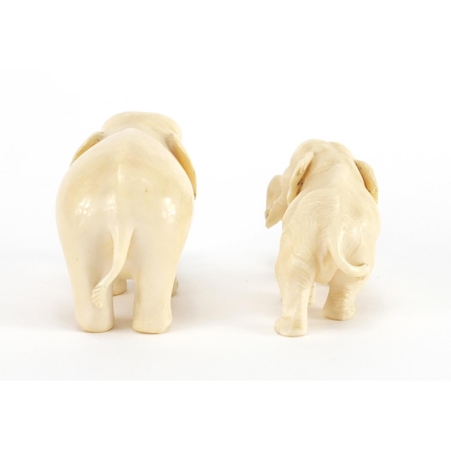 716 - Two carved ivory elephants including a Japanese example with character marks to the base of one foot... 