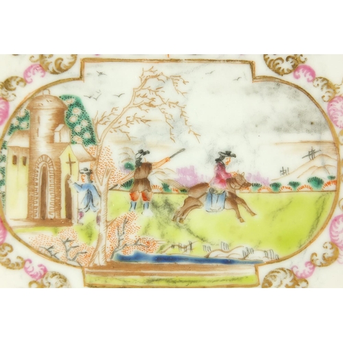 579 - Chinese export porcelain plate, hand painted in the famille rose palette with a central panel of fig... 