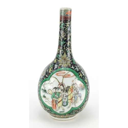565 - Chinese porcelain bottle vase, hand painted in the famille noir palette with two panels of figures w... 