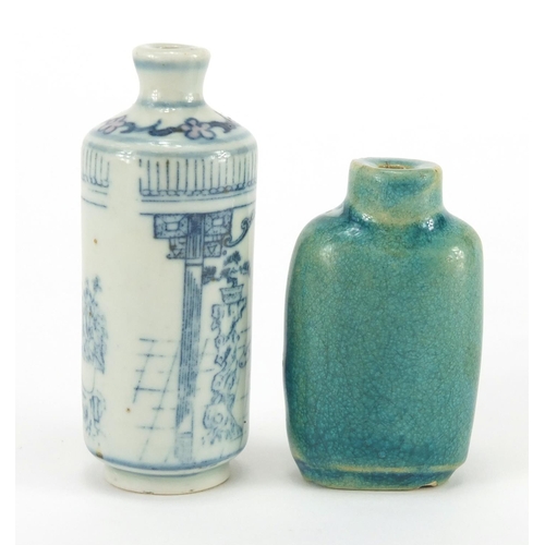 693 - Two Chinese porcelain snuff bottles, including a cylindrical example hand painted with figures in an... 