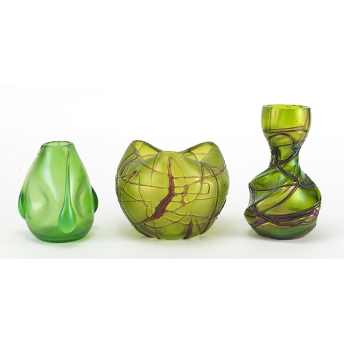 918 - Loetz iridescent glass vase together with two Kralik vases, the largest 13.6cm high