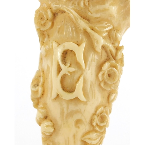 54 - 19th century ivory handled desk seal with crystal matrix and silver mount, finely carved with two bi... 