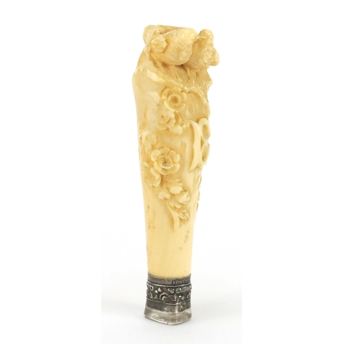54 - 19th century ivory handled desk seal with crystal matrix and silver mount, finely carved with two bi... 